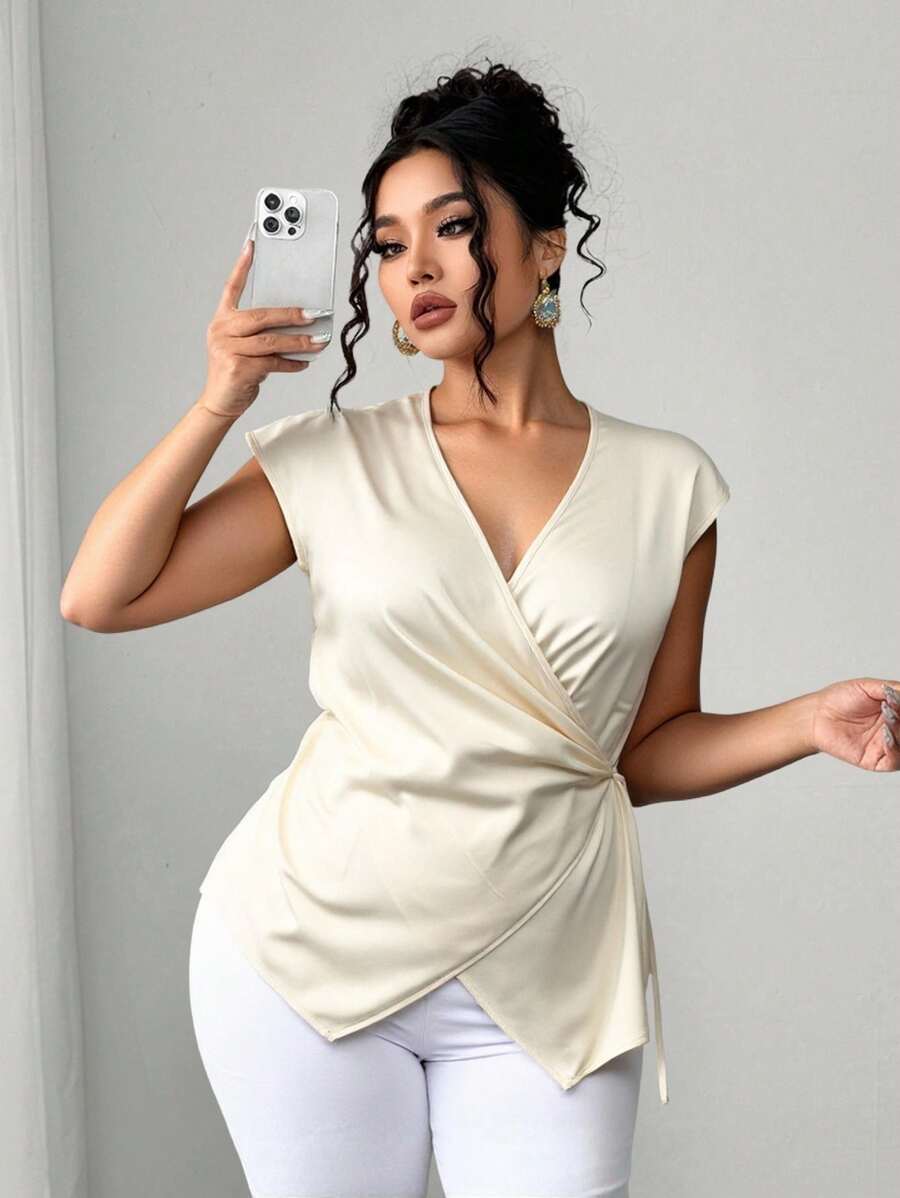 Elenzga Áo thun cổ chữ V xếp ly satin bóng thanh lịch cho nữ cỡ lớn, vừa vặn dự tiệc/làm việc - Vàng - Xem 1