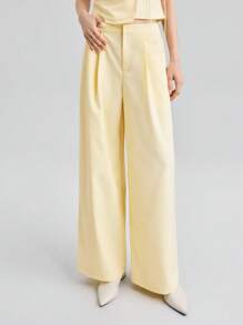 Ontre 2025 Women's Summer Clothing Set,Pale Yellow Smart Casual Brunch Wear,Solid Wrap Tie Sleeveless Top & Loose Wide Leg Pants,Beach Resort Club Fashion - Yellow - View 6
