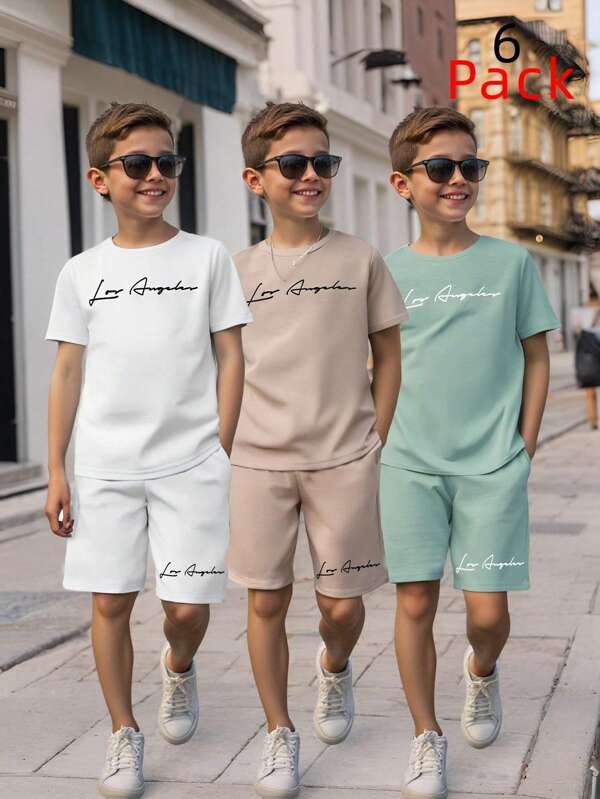 SHEIN 6 Stücke/Set Jungen Kinder Lässige Sport Multifunktions Nummerisches Grafik Rundhalspullover Lose Kurzarm T-Shirt und Shorts 2 Stücke Set, 3 Stile je 1, geeignet für Schule, Garten, Strand, Geburtstag, Frühling, Sommer, Herbst, Winter