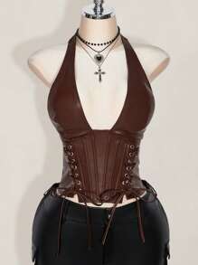 SHEIN ICON 大码女式纯色简约休闲 PU 皮革露背领扣眼装饰系带背心 Y2K 外出酒红色 V 领露肩上衣 - 棕色 - 查看 4