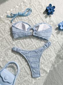Swim Mod 夏季新款抹胸露背露肩提花面料可爱沙滩度假比基尼泳装套装