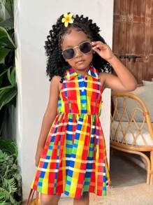 SHEIN Young Girl Casual Multicolor Plaid Sleeveless Collared Half-Button Front Dress