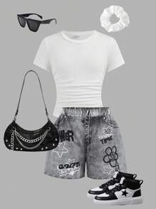 SHEIN Girlism Tween Girl Casual Street Fitted Crew Neck Ruched Short Sleeve Top With Hair Scrunchie And Hair Band Set, Denim-Effect Graffiti Print Shorts - White - View 8