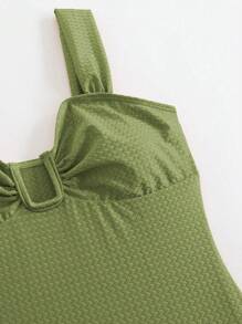 Swim Oasis Springbreak New Women's Summer Vacation Solid Textured U-Neck Cutout Backless With Premium Printed Mesh Beach Skirt And Swimwear Set, Festival Boho Green Sage Green - Green - View 8