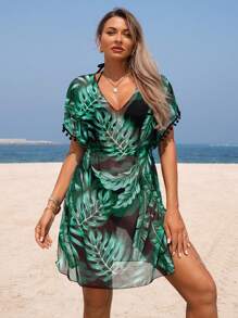 Swim Lushoire Váy che phủ bán trong suốt họa tiết nhiệt đới in trên bãi biển dành cho nữ mùa hè - Nhiều màu - Xem 5