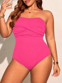 Swim Lushoire Plus Size Women's Solid Color Crisscross Gathers Elegant Minimalist One Piece Swimsuit, Suitable For Vacation & Casual Wear,Beach Outfits For Woman For Summer