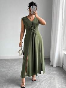 Elenzga Plus Size Women's Elegant Vacation Casual Waisted Ruched Metallic Decor Drop-Shoulder Slit Maxi Dress, Spring/Summer - Army Green - View 6