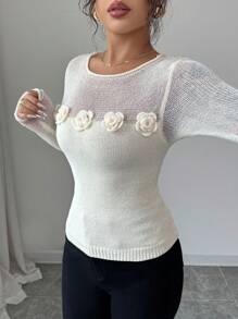 Elenzga Retro Handmade 3D Flower Tight Solid Color Sweater, High-End Versatile, Spring/Autumn Knit Pullover Fall Winter - Apricot - View 4