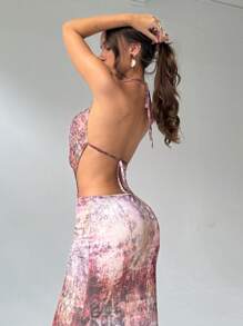 Aloruh Women's Color Block Full Print Draped Neck Sleeveless Fitted Dress Summer Summer Outfits Summer Clothes Beach Outfits For Woman  Beach Vacation Vacation Outfits Woman Boho Tropical Vacation Woman Clothe Tropical Vacation Woman Clothe Western Wear Women Western Gyaru Floral Backless