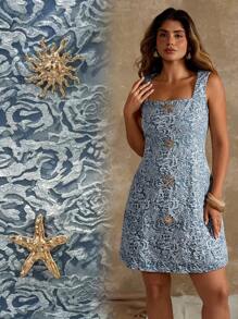 Flirla Sukienka damska Plus Size Rose Jacquard & Sunflower Metal Decor z kwadratowym dekoltem - Niebieski - Zobacz 1