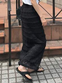 FRIFUL 女士弹力腰长款蕾丝纹理休闲百搭半身裙，适合度假和秋季穿着 - 黑色 - 查看 7