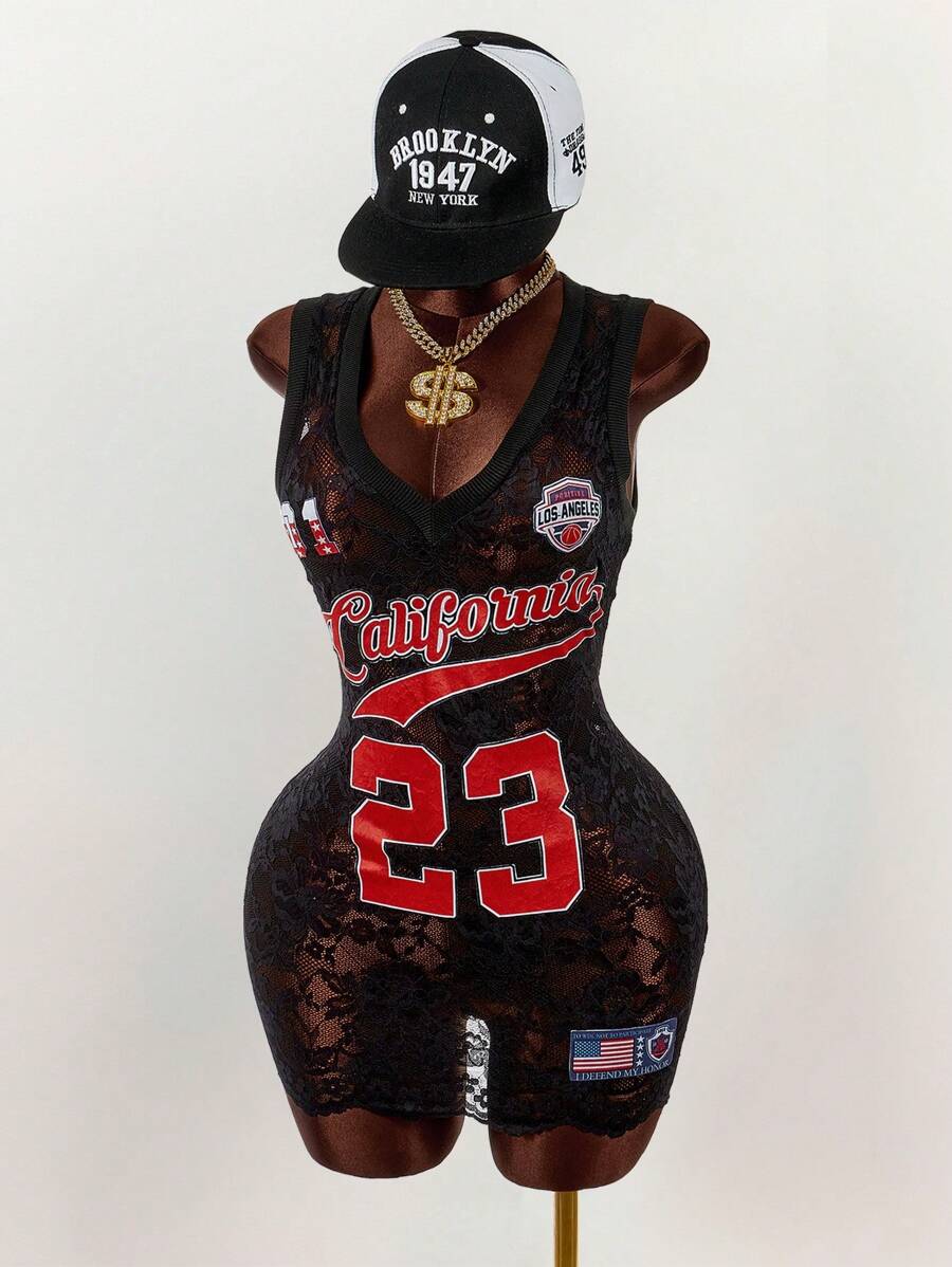 Amplova 泽西风格蕾丝拼接深 V 紧身迷你连衣裙 - 黑色 - 查看 1