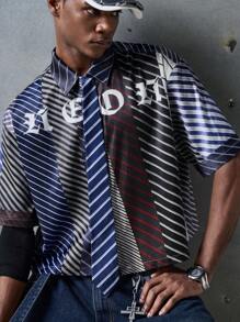 NEON BLANC Men's Street Style Woven Striped Tie And Letter Print Short Sleeve Shirt, Suitable For Summer