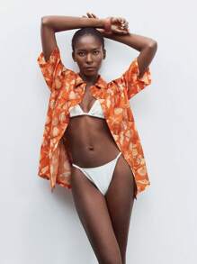 Maija Casual Orange Hawaiian Style Button-Front Long Shirt For Women, Featuring Seashell & Starfish Print, Perfect Half Sleeve Beachwear. - Brown - View 4