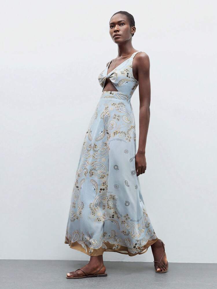 SHEIN Maija Women Tie Knot Cut-Out Cami Dress With Waist Print,Vacation Outfits,Fall Women Clothes