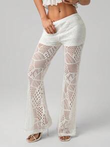 SHEIN ICON 复古超低腰纹理针织透视流苏腿紧身喇叭超长裤 - 米色 - 查看 4