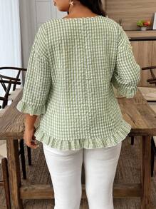 Weeklong Plus Size Casual Vacation Plaid Ruffle Trim 3/4 Sleeve Blouse