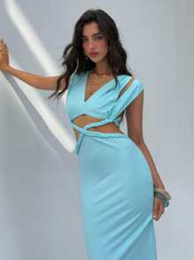 Aloruh Women's Bohemian Chic Elegant Sky Blue Off Shoulder Long Sleeve Chiffon Ruched Slit Dress, Vacation Holiday Autumn Spring Summer Party Dresses - Mint Green - View 8