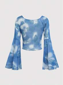 Retro American Chic V-Neck Flare Sleeve Printed Blouse Fall Cloth For Women