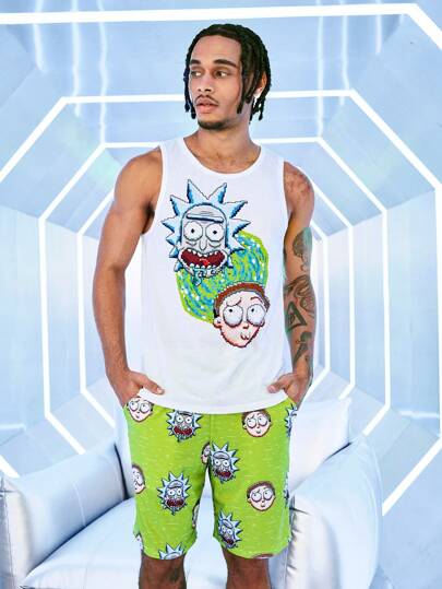 Rick and Morty X SHEIN 2pcs/Set Men Summer Cartoon Pixel Print Crew Neck White Tank Top And Shorts Pajama Set