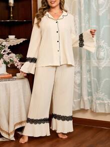 Conjunto de pijama plus size feminino, 2 peças/conjunto, blusa e calça estilo francês, roupas de outono - Multicolorido - Ver 4