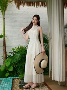 Chiquease 女式无袖立领中式纽扣泡泡裙 - 杏色 - 查看 8