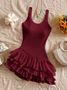 Soleia 女士度假浪漫白色针织纹理荷叶边下摆短款连衣裙