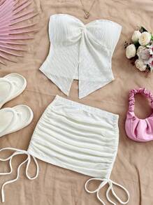 Soleia Conjunto de 2 piezas, top tubo asimétrico con textura en unicolor y falda con elástico en la cintura para vacaciones de verano de mujer - Conjunto blanco de dos piezas, atuendo de verano blanco - Blanco - Ver 4