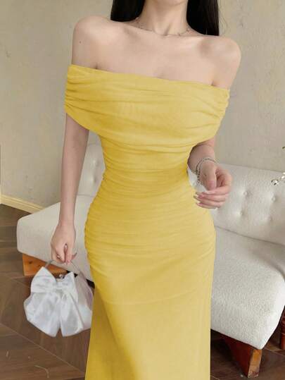 Modelyn Women's Elegant Mesh Off Shoulder Cinched Waist Ruffle Dress For Weddings, Dates