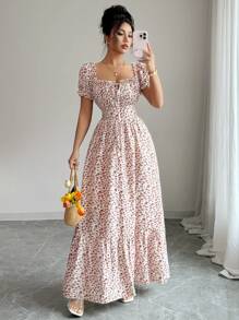 Elenzga 新款女士数码印花褶饰前系带、后系带收腰修身长裙，优雅大方的风格适合度假、约会、精致别致 - 彩色 - 查看 4