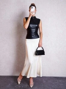 SHEIN Clasi 女士休闲纯色垫肩背心，百搭秋冬季款 - 黑色 - 查看 7