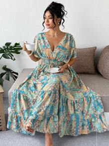 SHEIN Clasi Plus Size Women "Vacation" V-Neck Floral Print High Waist Ruffle Hem Dress - Multicolor - View 6