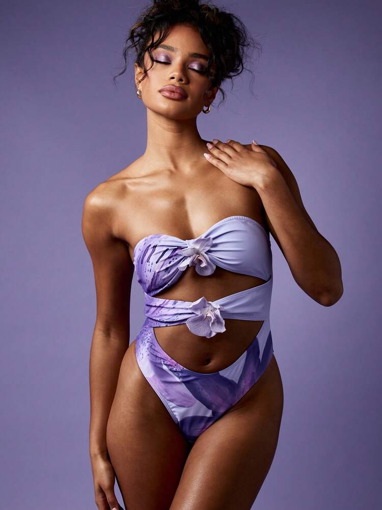 MISSGUIDED Floral Print Cut Out One Piece Monokini Swimsuit Orchid Flower Decoration Beach Pool Party Resort Wear Swimwear High Cut Leg