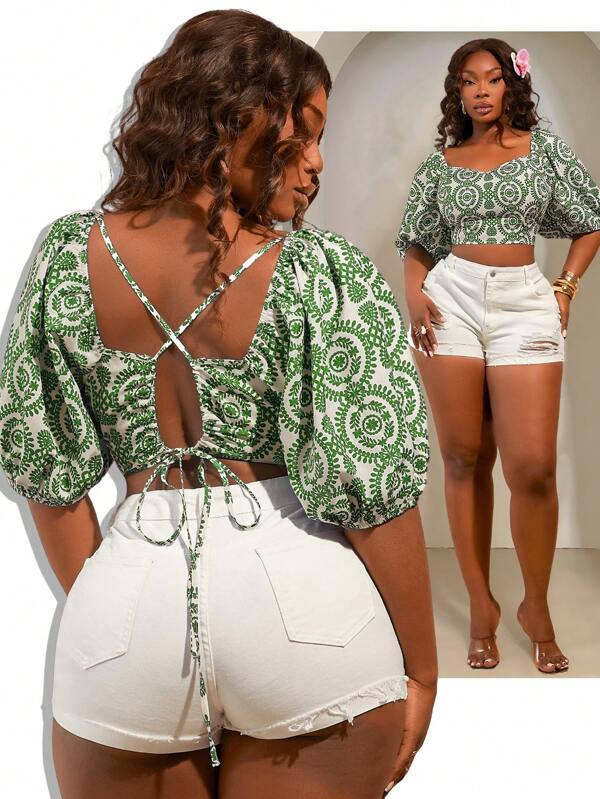 SHEIN SXY Plus Size Women Puff Sleeve Vacation Casual Bohemian Tropical Plant Blue Printed Crisscross Tie Backless Puff Sleeve Crop Apricot Blouse, Suitable For Music Festival, Concert, Carnival Party, Beach Vacation, Date Night, Birthday, Bachelorette Party, Club, Cute, Casual, Shopping, Streetwear, Going Out, Coquette, Easy To Match & Looks Slim