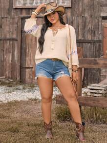 LanaWest 大码休闲度假梭织带拼布衬衫 - 卡其色 - 查看 6