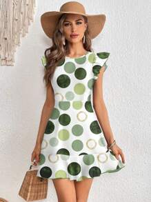 SHEIN Clasi Green Polka Dot Print Mini Dress For Women,Vacation Outfits Woman