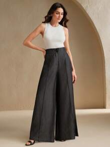 Anewsta Elaire 商务休闲优雅女士高腰现代办公室阔腿长裤 - 黑色 - 查看 5