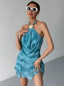 Aloruh Abito mini con scollo a drappeggio e stampa tie-dye, di moda