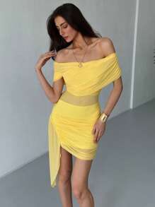 Aloruh New Asymmetrical Hem Halter Neck Yellow Gauze Vacation Mini Dress - Yellow - View 6