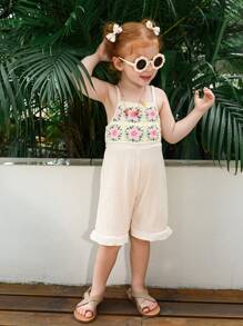 Young Girls Crochet Floral Trim Ruffle Strap Textured Jumpsuit, Pink - Apricot - View 1