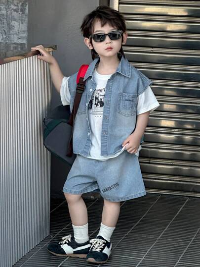 DAZY 小男孩单排扣口袋牛仔背心和短裤休闲装