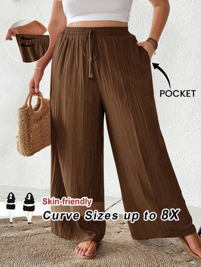 SHEIN CURVE+ Plus Size Women Summer Beach, Fashion Casual Business Commuter Elegant Wide Leg Pants, Pocket Pants, Beach Resort Wear Summer/Country/Beach Vacation/Beach/Beach Wear,Business Casual Woman,Teacher Plus Size Flowy Pants Plus Size Boho Pants Curve Plus Size Pants Plus Size Beach Pants Plus Size Wide Leg Pants