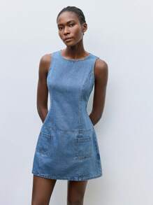 Maija Đầm denim thường ngày không tay cổ tròn mùa hè cho nữ - Rửa trung bình - Xem 3