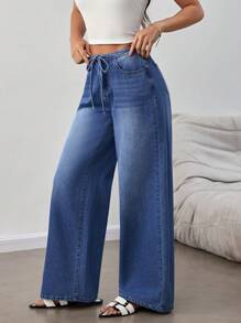 SHEIN Tall Women's Basic Fall Back To School Solid Color Lace-Up Washed Faded Casual Jeans - Blue - View 4