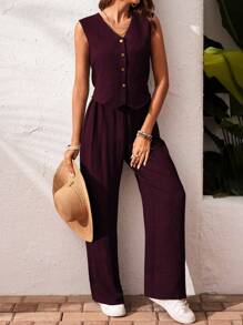 SHEIN Frenchy 1 Set Maglietta senza maniche con scollo a V e bottoni anteriori e Pantaloni lunghi casual, completo da 2 pezzi