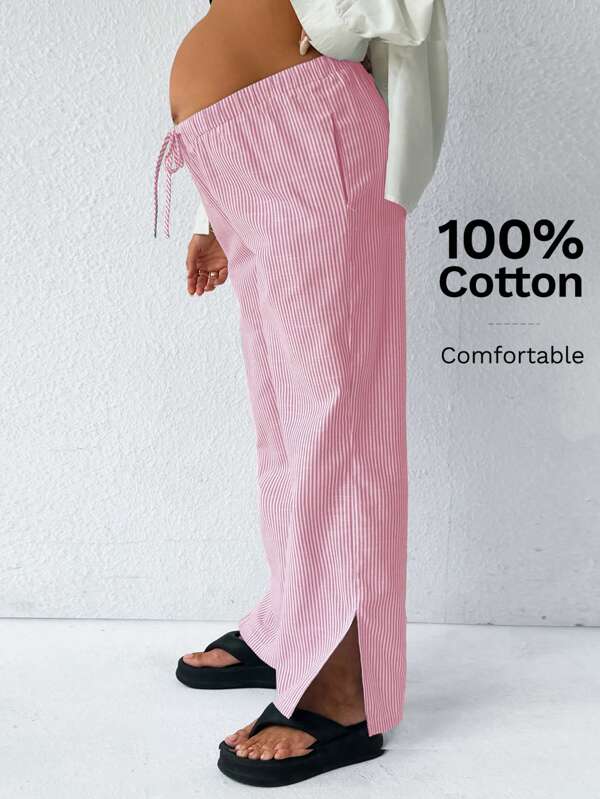 SHEIN Maternity Striped Print Drawstring Waist Pocket Slit Casual Pants