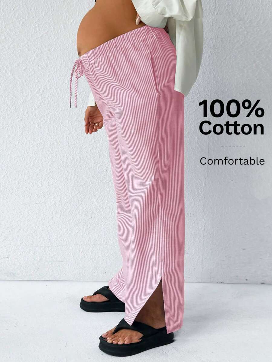 SHEIN 孕妇条纹印花抽绳腰口袋开衩休闲裤