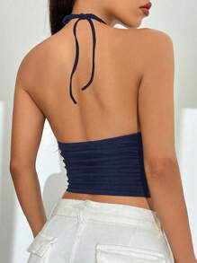 SHEIN EZwear Summer Navy Blue Solid Ruched Side Crop Halter Y2k Tops - Navy Blue - View 2