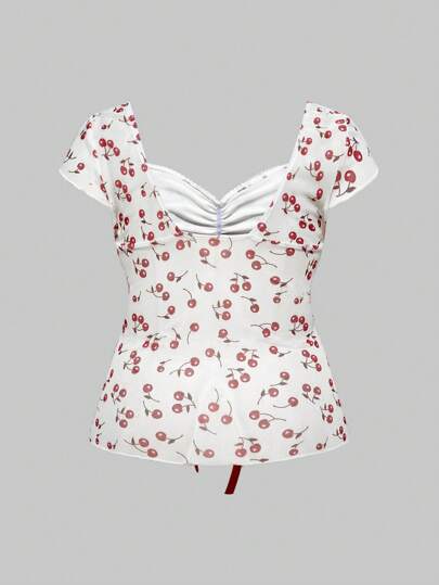 ROMWE Avant Blusa de talla grande con botones y estampado floral de cerezas en estilo pastoral
