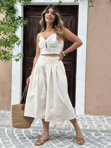 SHEIN Clasi 大码女式优雅休闲法式纯色前折后松紧腰七分裤，适合春夏通勤和度假 - 杏色 - 查看 3